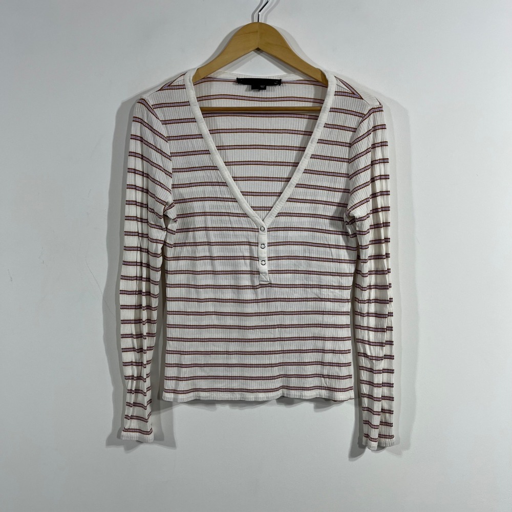 Veronica Beard Striped Ribbed Henley Long Sleeve Top Womens‎ Medium Grunge Flaw